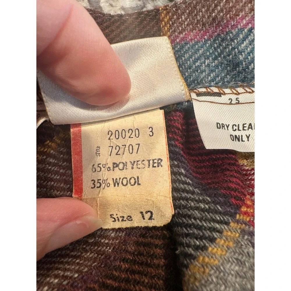Vintage Koret Plaid Wool Blend Midi Skirt Burgundy Teal Made in USA Size 25 inch